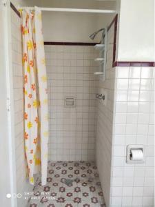 y baño con ducha y cortina de ducha. en Hostel Cuatro Estaciones, en Puebla