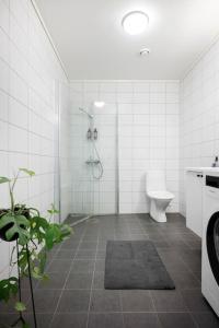 a white bathroom with a toilet and a shower at Moderne leilighet - nært flyplass - lader for elbil in Råholt