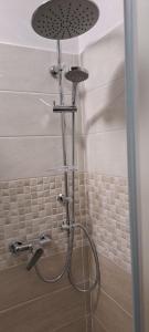 eine Dusche im Bad mit einem Glasduschvorhang in der Unterkunft Il cardillo in Castelfrentano