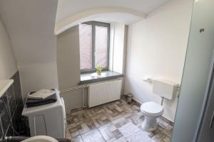 a bathroom with a toilet and a window at Hostel Vojnik in Vojnik