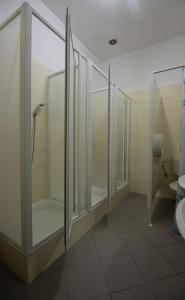 a bathroom with glass shower stalls and a toilet at Penzion Topas in Bylnice