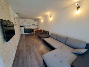 a living room with a couch and a kitchen at Silver Apartman in Siófok