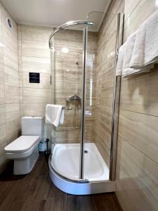 a bathroom with a shower and a toilet and a tub at Vila Iris in Chişinău