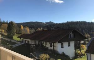 Casa blanca con techo marrón en Ferienwohnungen Jonuscheit, en Bodenmais