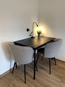 einem schwarzen Tisch mit zwei Stühlen und einer Lampe darauf in der Unterkunft Comfortable Apartment in Weener