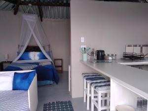 a bedroom with a bed and a kitchen with a counter at Wildview Self Catering Cottages Coffee Bay, Breakfast & Wi-Fi inc in Coffee Bay