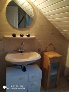 een badkamer met een wastafel en een spiegel bij Apartment Gartenblick in Alsdorf