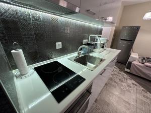 uma cozinha com um lavatório e uma bancada em Uni Time Apartment by LMG em Sófia