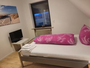 a bedroom with a bed with pink pillows and a television at Ferienwohnung in Scharnebeck in Scharnebeck