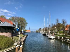 a group of boats are docked in a river at Landelijk gelegen houten huisje in Opperdoes