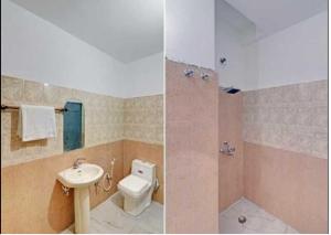 two pictures of a bathroom with a toilet and a sink at Hotel TSR By WB Inn in Agra