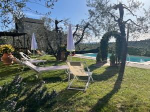 a group of lawn chairs and umbrellas next to a pool at Agriturismo IL VIAIO in Fiesole