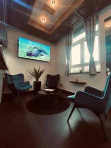 E&D Hotel Rodgau في رودغاو: غرفة معيشة مع كرسيين وتلفزيون على الحائط