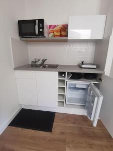 eine kleine Küche mit einer Spüle und einer Mikrowelle in der Unterkunft Maison neuve au calme à 2 pas du Mans et des 24h. in Ruaudin