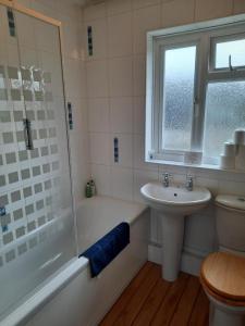 a bathroom with a shower and a sink and a toilet at KB51 Charming 2 bed house in Horsham, pets very welcome and long stays with easy access to London, Brighton and Gatwick in Warnham