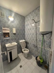 y baño con aseo, lavabo y ducha. en Skyway Apartment by LMG, en Sofía