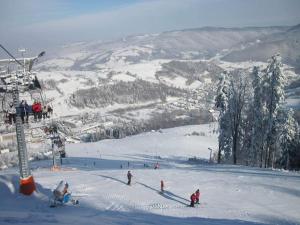 een groep mensen op een skilift in de sneeuw bij Willa Lawenda Apartament 2 in Rytro