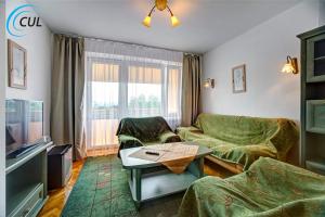ein Wohnzimmer mit Sofas und einem TV in der Unterkunft Jawor in Polańczyk