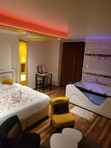 une chambre d'hôtel avec un grand lit et une piscine dans l'établissement SPA Celyna appartement avec jacuzzi privatif, à Lyon