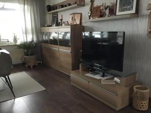 a living room with a flat screen tv on a entertainment center at Zum Schnatz in Willingshausen