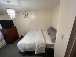 a small bedroom with a bed and a television at Henderson court in London