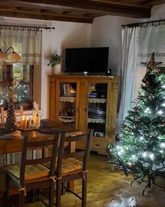 ein Wohnzimmer mit einem Weihnachtsbaum und einem Esstisch in der Unterkunft Chaloupka pod hradem in Svojanov