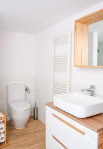 La salle de bains est pourvue d'un lavabo blanc et de toilettes. dans l'établissement Podlesice 38, à Kroczyce