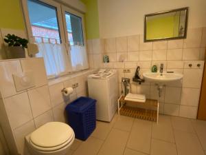 Baño pequeño con aseo y lavamanos en Großzügige Wohnung mit Schreibtischarbeitsplatz in Genthin OT Tucheim, en Tucheim