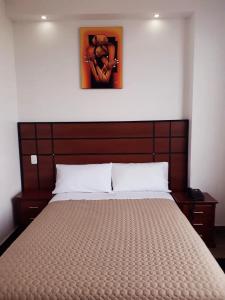 1 cama en un dormitorio con una foto en la pared en HOTEL DEL RIVER MONUMENTO en Sangolquí