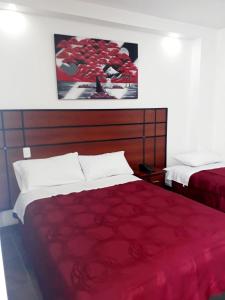 a bedroom with a red bed with a red blanket at HOTEL DEL RIVER MONUMENTO in Sangolquí