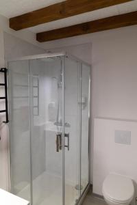 La salle de bains est pourvue d'une douche en verre et de toilettes. dans l'établissement La Halte Gourmande, à Vachères