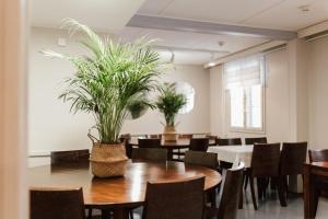 a dining room with tables and chairs and plants at Hotel Jokipuisto in Kotka