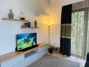 sala de estar con TV de pantalla plana y ventana en Forest vision apart en Velingrado