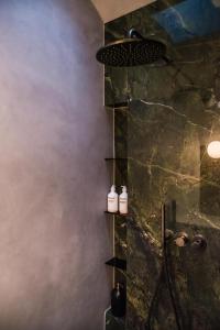 a bathroom with a shower with two bottles of soap at Silma Retreat in Haapsalu