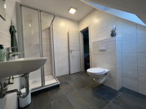 La salle de bains est pourvue d'un lavabo et de toilettes. dans l'établissement Pension Am Stadtrand Zerbst, à Zerbst