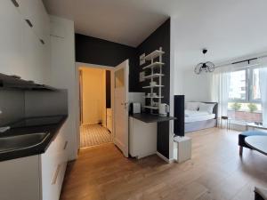 - une cuisine et un salon aux murs noirs et blancs dans l'établissement BAST 16 Apartamenty Ptak Szpital Matki Polki Szpital Kopernika Mandoria Orientarium Atlas Arena Plac Zabaw - Zamojska 20a m16 Parking, à Łódź