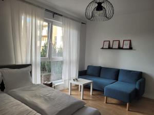 sala de estar con sofá azul y ventana en BAST 16 Apartamenty Ptak Szpital Matki Polki Szpital Kopernika Mandoria Orientarium Atlas Arena Plac Zabaw - Zamojska 20a m16 Parking en Lodz