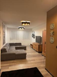 a living room with a couch and a television at Luxus Apartment in Center Dusseldorf - 2 Rooms in Düsseldorf