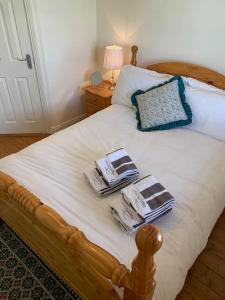 ein Bett mit zwei Tabletts mit Zeitschriften drauf in der Unterkunft Home On The Edge Of Ireland! in Belmullet