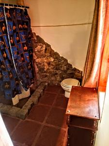 a bathroom with a toilet and a stone wall at Malo Watson Hostel in Tandil