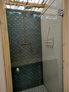 a shower with a glass door with a boat on it at Gaia A-frame cabin in Swellendam