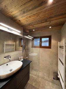 W łazience znajduje się umywalka i przeszklony prysznic. w obiekcie LUSE Living w mieście Maurach