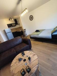 a living room with a couch and a coffee table at Charmant studio - Gare colmar in Colmar