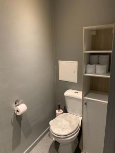 a bathroom with a white toilet in a room at Loft pour escapade en amoureux ou en famille. in Chaudfontaine