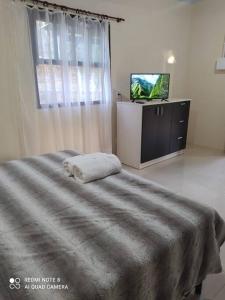 1 dormitorio con 1 cama y TV en Casa Hermosa, en Igrejinha