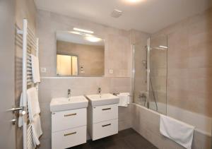 a bathroom with two sinks and a shower and a mirror at EFI Residence Holzova 28 in Brno