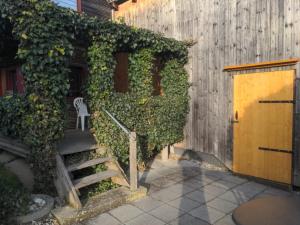 un edificio de madera con una puerta y una silla en las escaleras en Ferienhaus am Eichert, en Furth im Wald