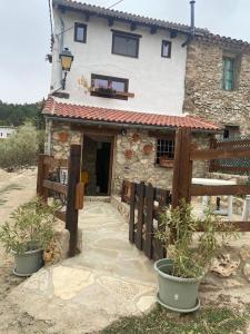 ein Haus mit zwei Topfpflanzen davor in der Unterkunft Preciosa casita rural en la sierra de Segur a, Cazorla y las Villas in Santiago-Pontones