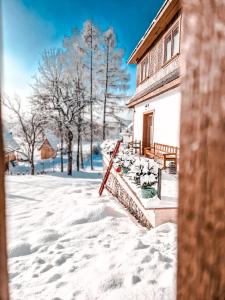 a snow covered yard with a house in the background at Góralska Chata in Czarna Góra