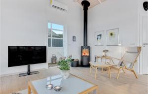a living room with a flat screen tv and a fireplace at Søglimt in Hejls